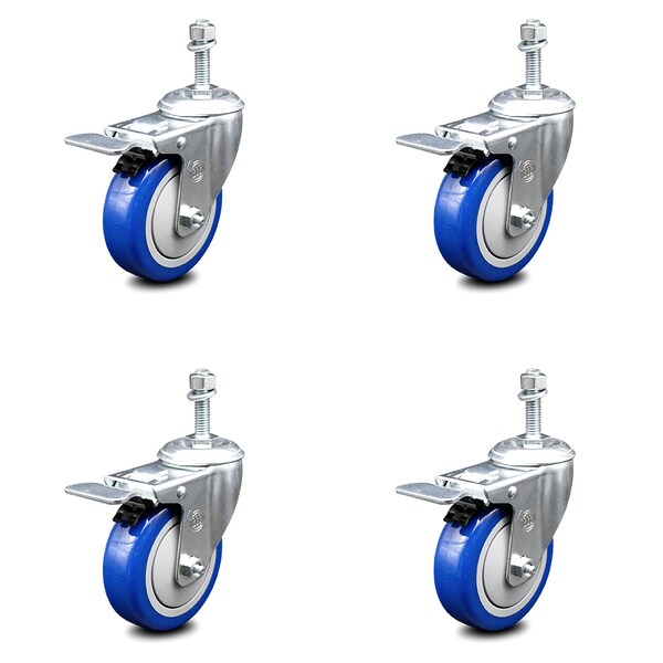 Service Caster 4 Inch Blue Polyurethane Swivel 3/8 Inch Stem Caster Set with Total Lock Brake SCC-TSTTL20S414-PPUB-BLUE-381615-4 - main